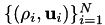 $ \{ \left( \rho_i, \mathbf{u}_i \right) \}_{i=1}^N $